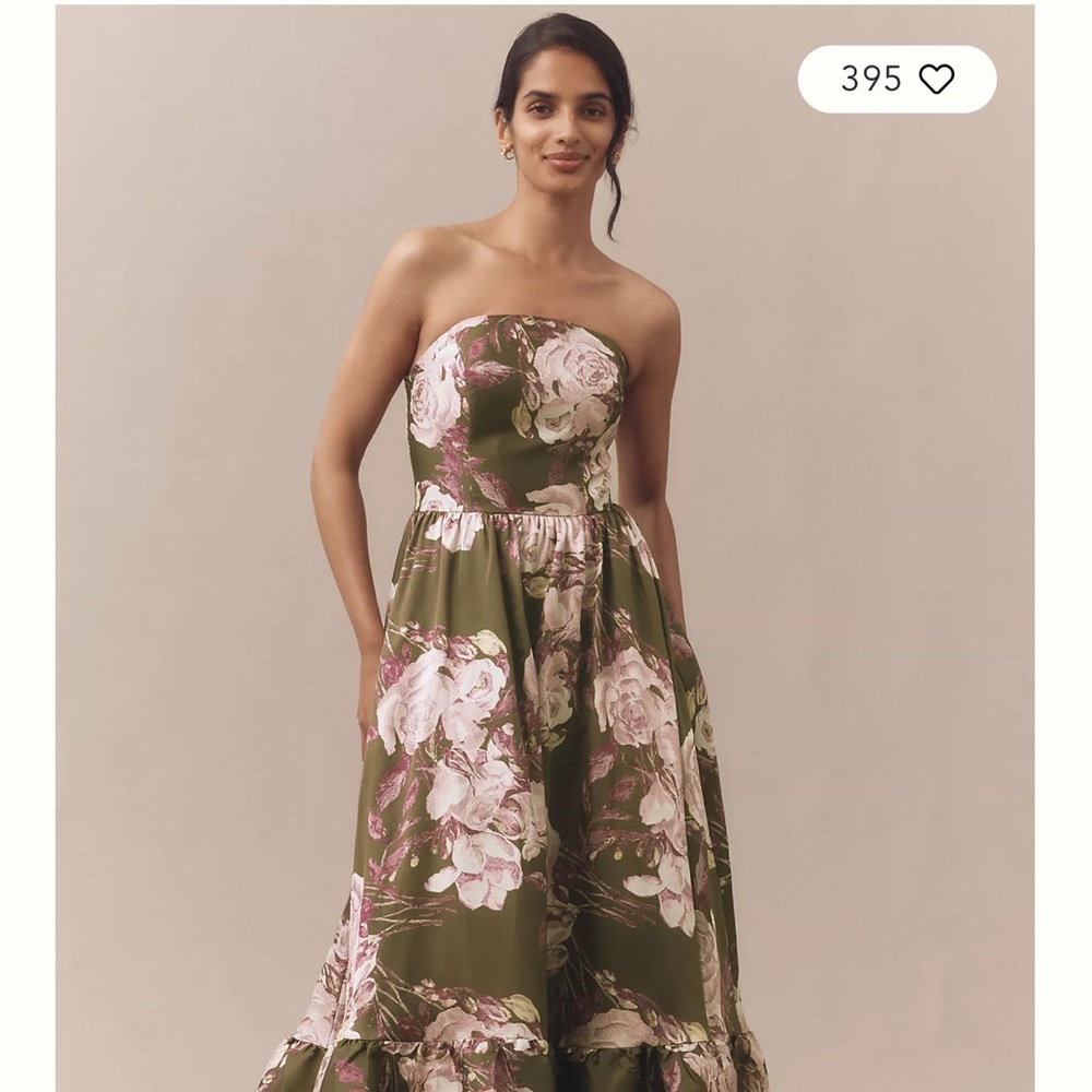 Mac Duggal Olive Green Strapless Floral Maxi Dress with Pink Roses